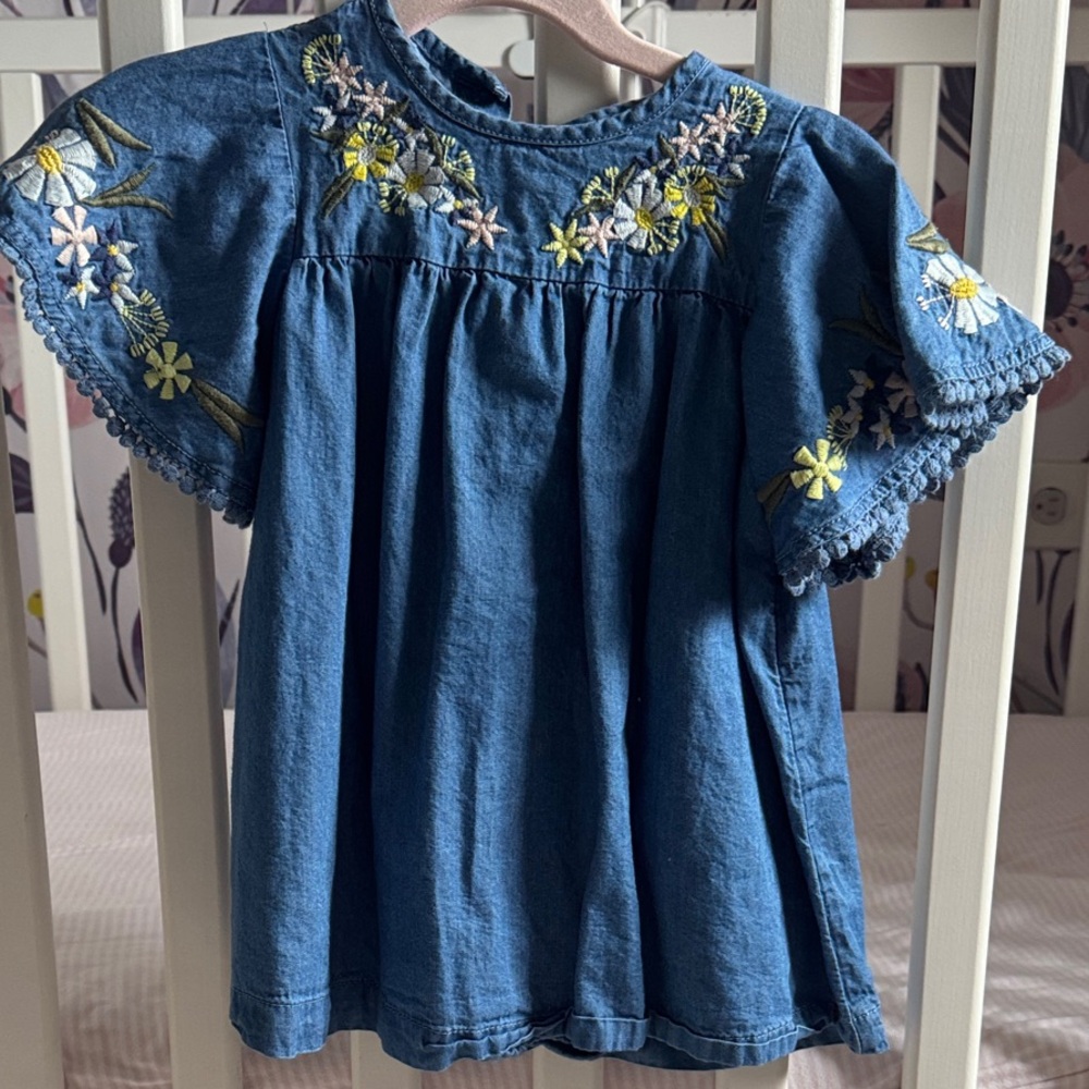 Mud Pie Denim Blue Floral Embroidered Dress